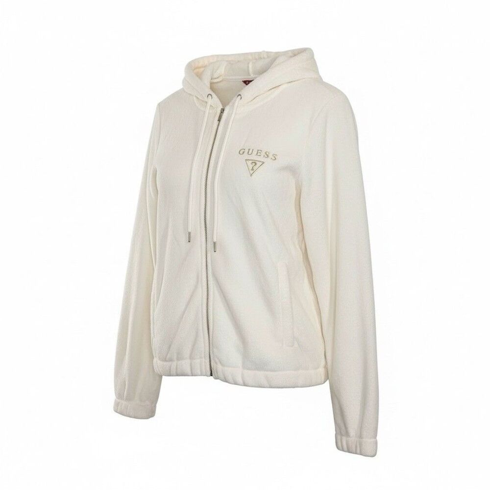 NWT Guess Velour Zip Up Hoodie Off White Gold Triangle Logo Size L Y2K Luxe‎